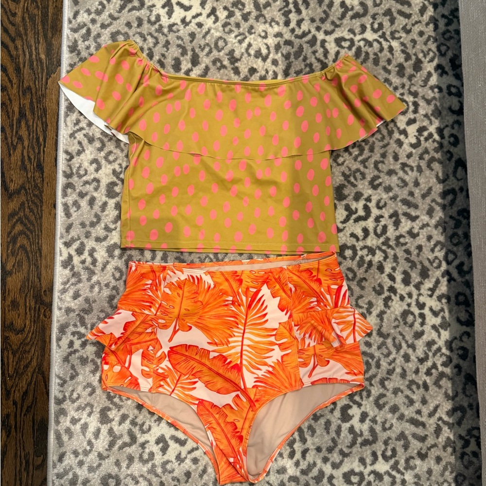 Kortni Jeane Pink and Orange Bikini Set off shoulder and ruffle high waist